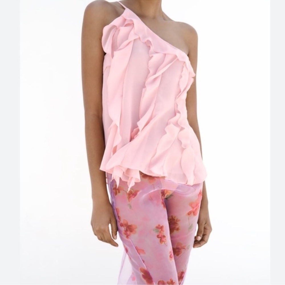 Zara Pink Ruffled One-Shoulder Top - Picture 3 of 6